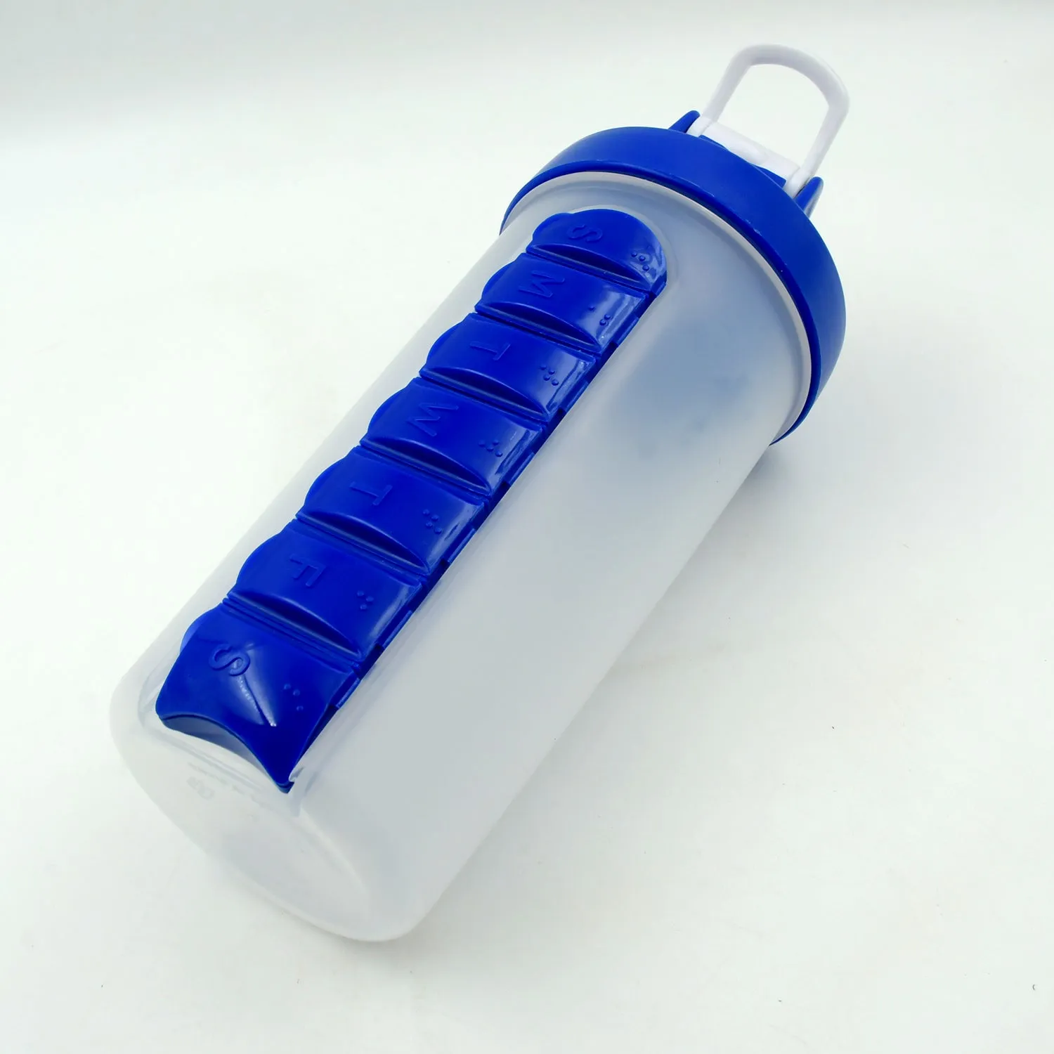 12592 2 In1 Pill Shaker Cup Vitamin Holder Water Bottle with Pill Holder Daily Medicine Planner Shaker Water Bottle pillboxes Organizer pre Workout Shaker Fitness pp Bracket Portable (600 ML)