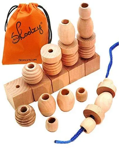 25 Natural Wood Blocks Lacing Beads by Skoolzy - Montessori Materials Preschool Toys Waldorf Motor Skills Stacking Building OT