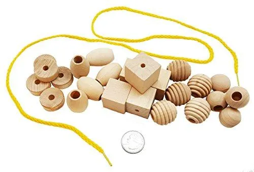 25 Natural Wood Blocks Lacing Beads by Skoolzy - Montessori Materials Preschool Toys Waldorf Motor Skills Stacking Building OT