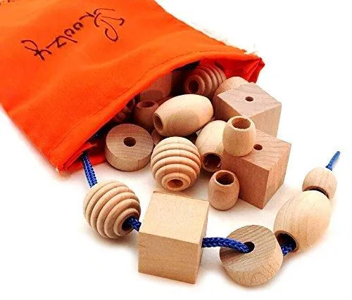 25 Natural Wood Blocks Lacing Beads by Skoolzy - Montessori Materials Preschool Toys Waldorf Motor Skills Stacking Building OT