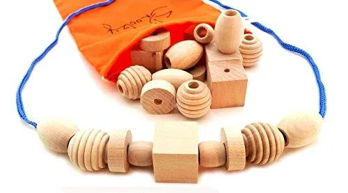 25 Natural Wood Blocks Lacing Beads by Skoolzy - Montessori Materials Preschool Toys Waldorf Motor Skills Stacking Building OT