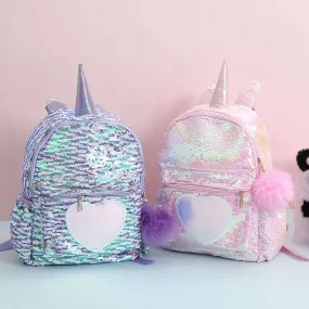 Aesthetic Laser Holographic Harajuku Love Heart Unicorn Horn Rainbow Gradient Colorful School Bag Backpack