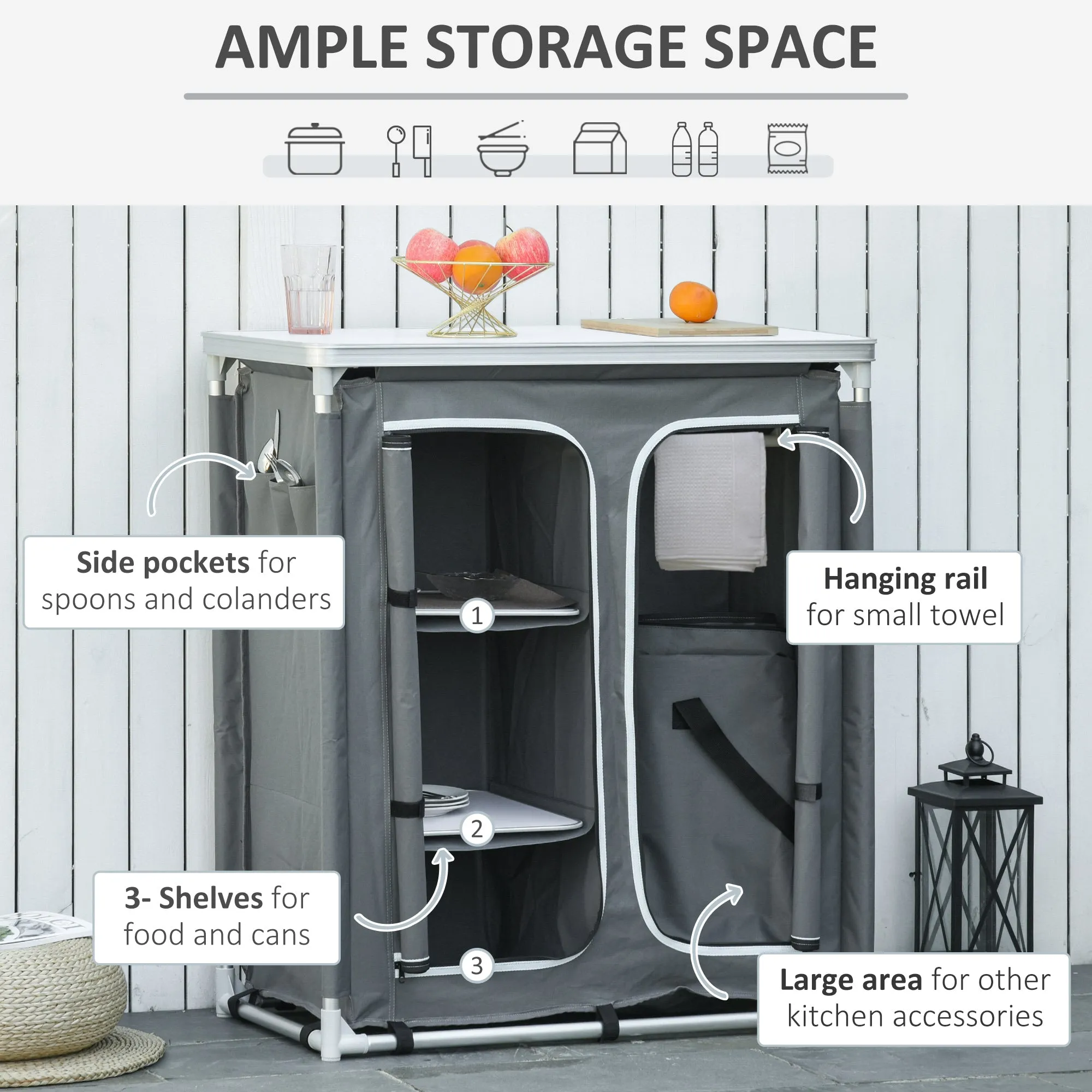 Aluminum Camping Cupboard Camping Kitchen Station Cook Table with 3-Shelf, Storage Organiser for BBQ Party Picnics with Carrying Bag