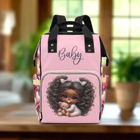 Baby Girl African American Puffy Pigtails in PJs Hearts Diaper Backpack