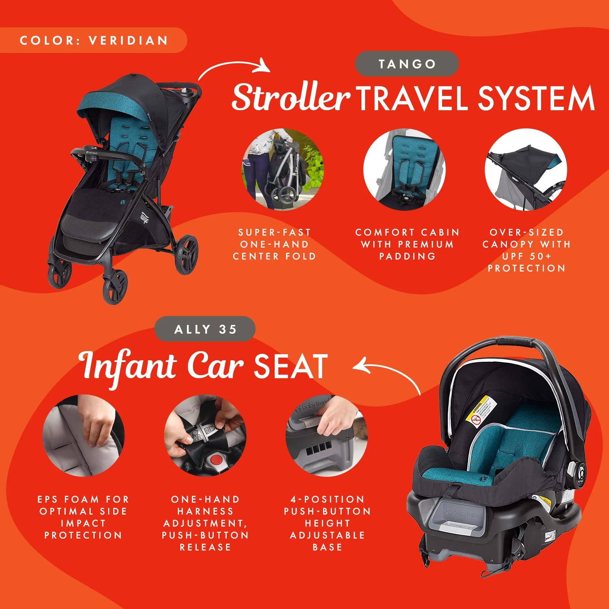 Baby Trend Tango Lightweight Infant Car Seat Stroller Travel System, Veridian