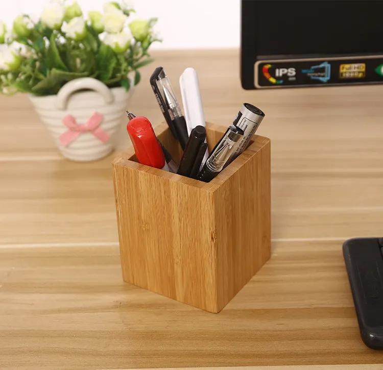 Bamboo Pen Pencil Holder Makeup Brush Storage Office Stationery Organizer Square Container