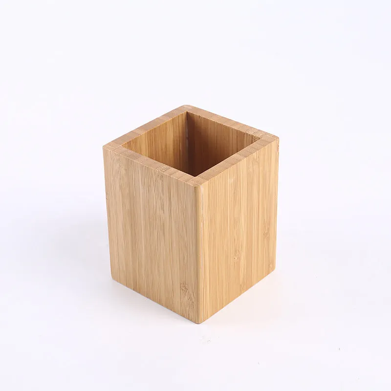 Bamboo Pen Pencil Holder Makeup Brush Storage Office Stationery Organizer Square Container