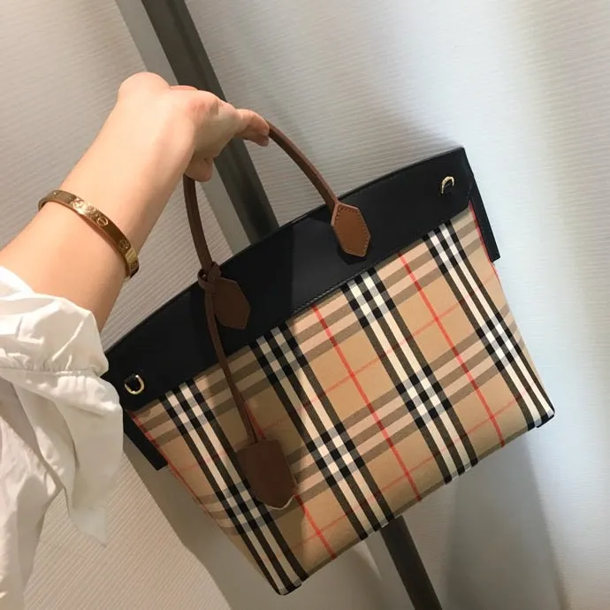 BB Small Vintage Check Society Top Handle Bag For Women, Bags 14.6in/37cm