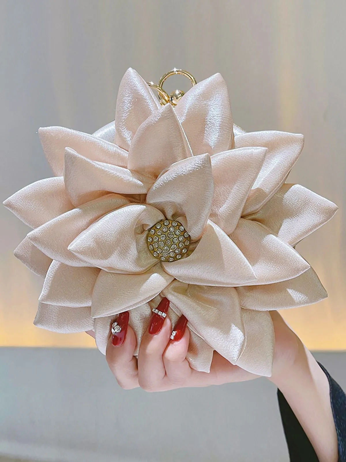 Beige Rhinestone 3D Flower Satin Clutch Bag