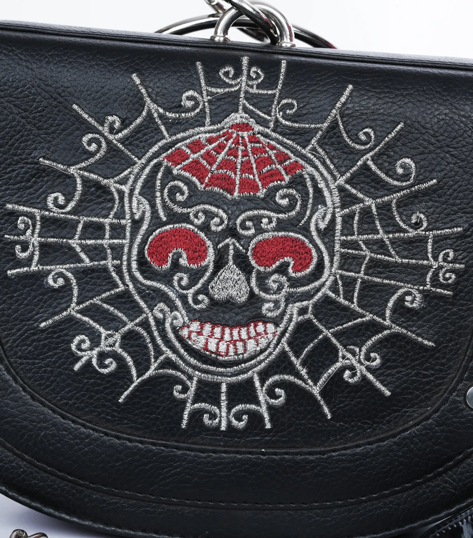 Black Faux Leather Skeleton Embroidered Sling Bag/Purse