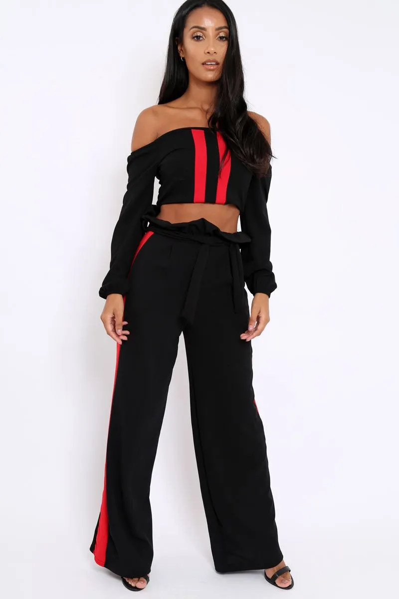 Black Paper Bag Tie Waist Wide Leg Trousers With Red Stripe - Kennedy