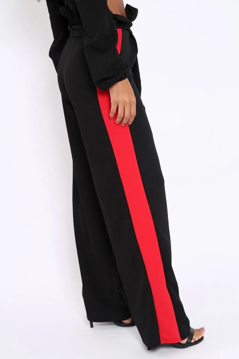 Black Paper Bag Tie Waist Wide Leg Trousers With Red Stripe - Kennedy