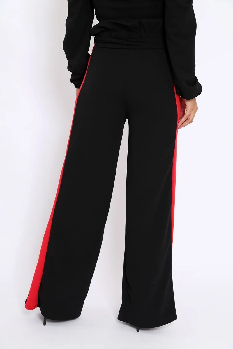 Black Paper Bag Tie Waist Wide Leg Trousers With Red Stripe - Kennedy