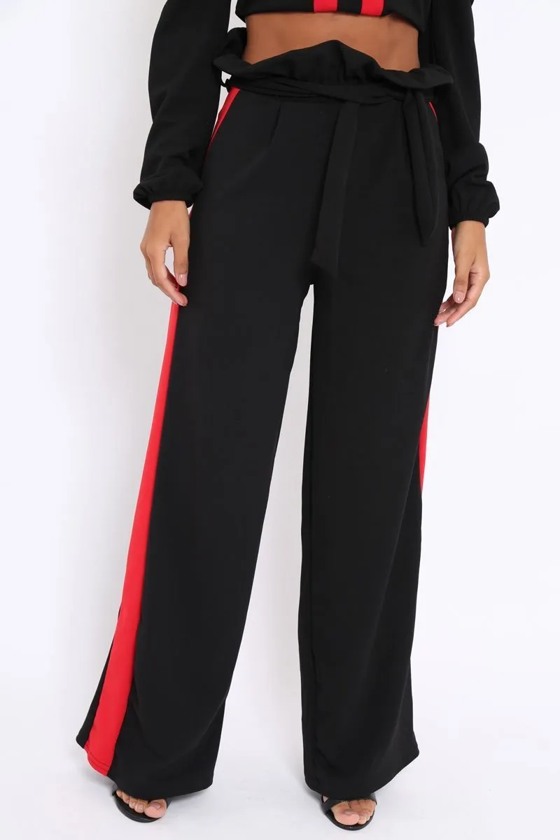 Black Paper Bag Tie Waist Wide Leg Trousers With Red Stripe - Kennedy