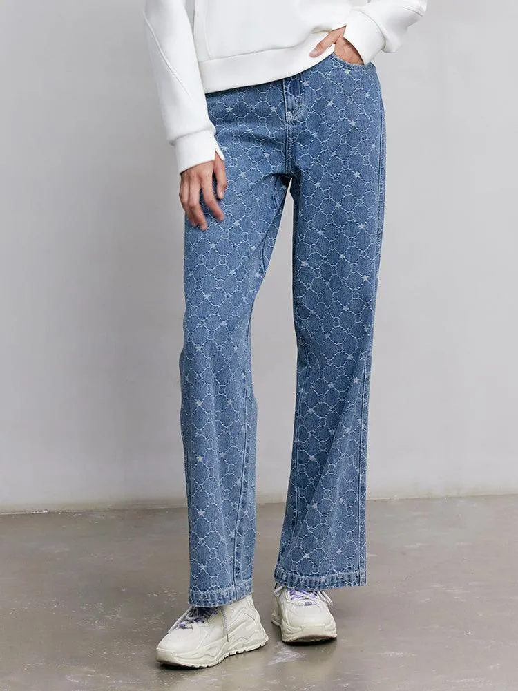 Blue Jacquard Denim Straight Leg Pants