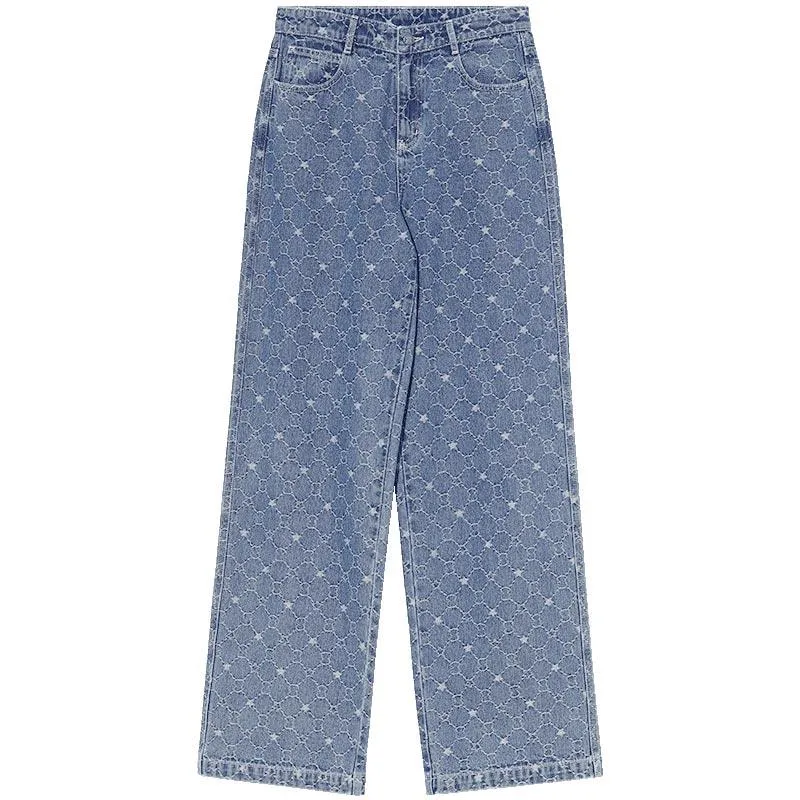 Blue Jacquard Denim Straight Leg Pants