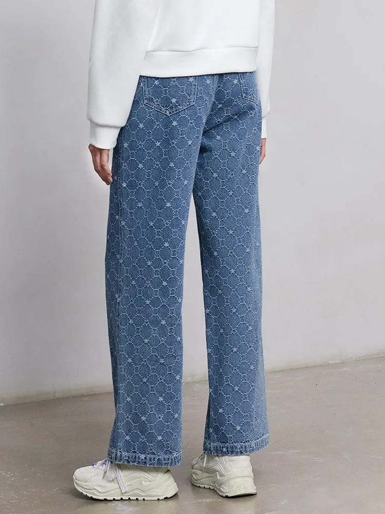 Blue Jacquard Denim Straight Leg Pants