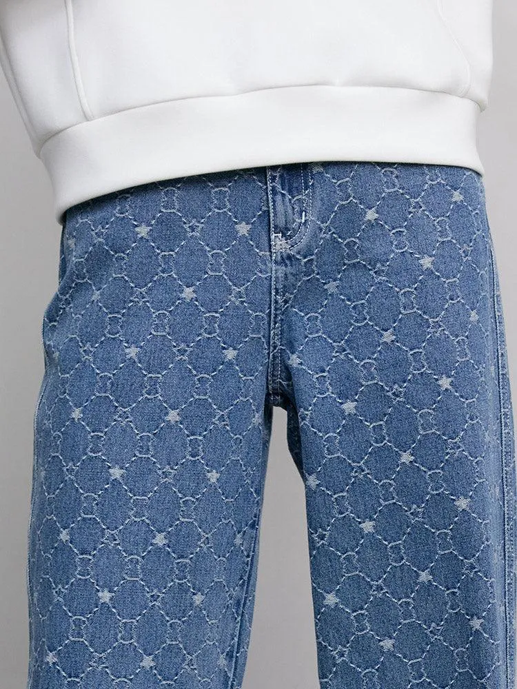 Blue Jacquard Denim Straight Leg Pants