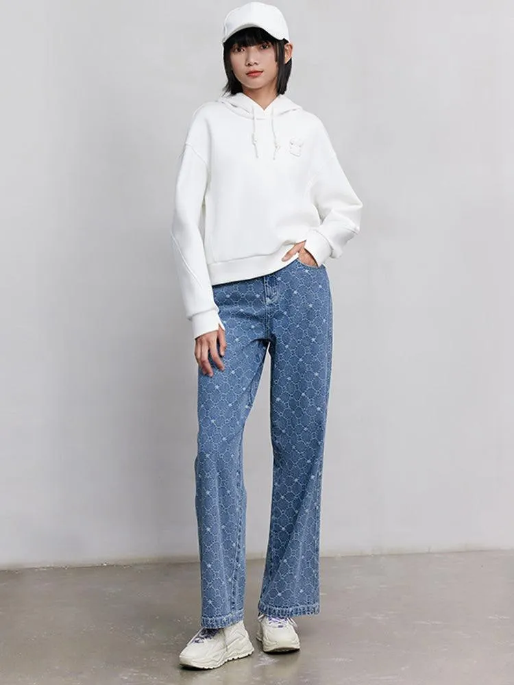 Blue Jacquard Denim Straight Leg Pants