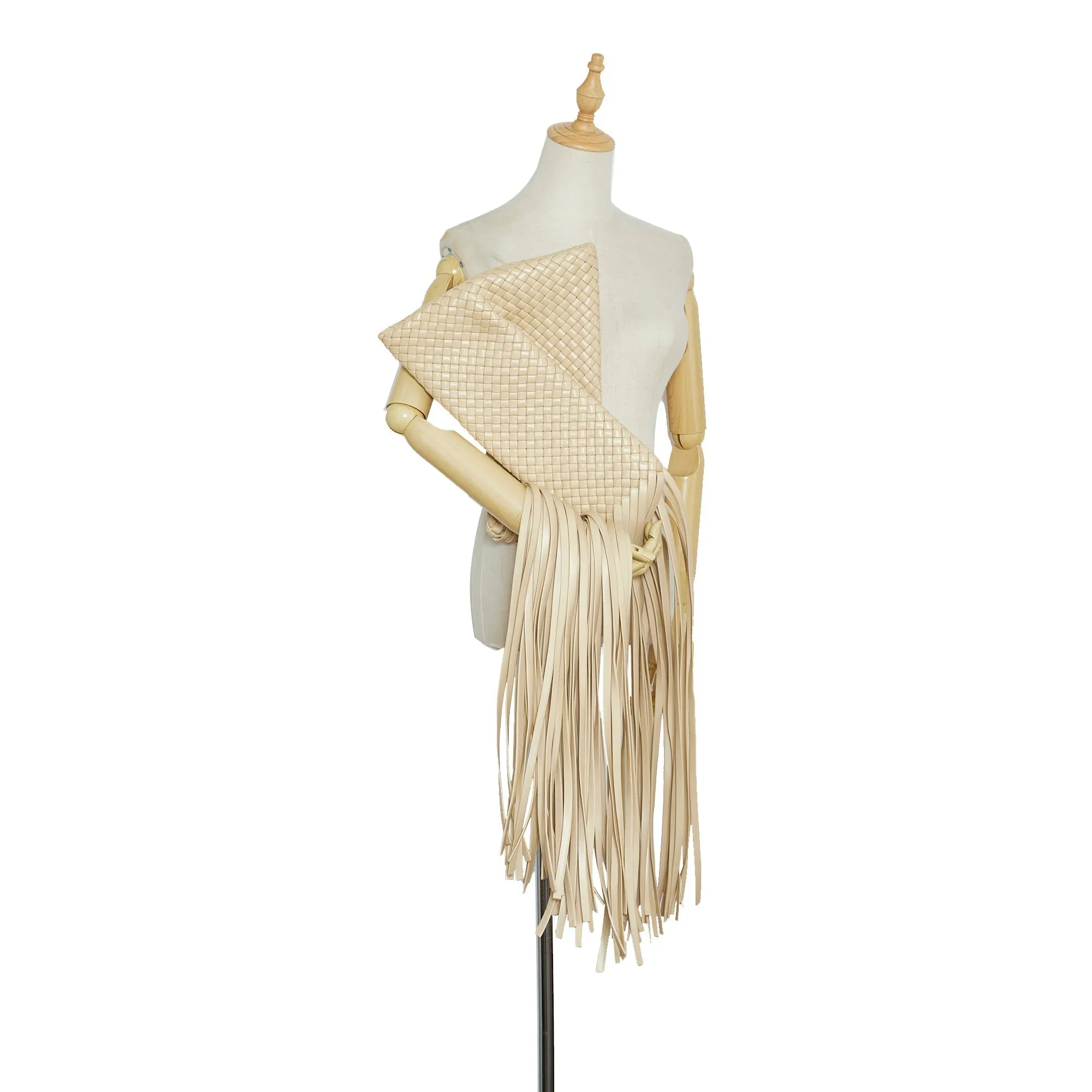 Bottega Veneta Fringe Crisscross Clutch Light Brown Intrecciato