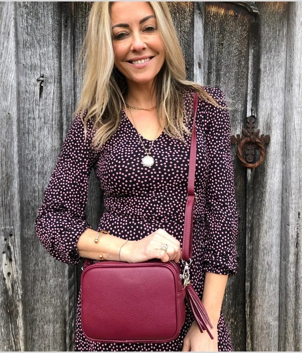 Burgundy Leather Tassel Camera Bag