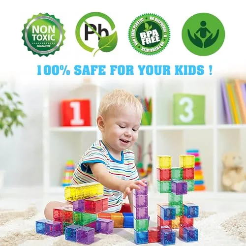 Caferria 1.38 inch Magnetic Blocks Toddler Toys, 30pcs Translucent Building Blocks Building Toys for Ages 2-4 5-7, Preschool STEM Magnet Sensory Montessori Toys for 2 3 4 5 6 Year Old Boys Girls