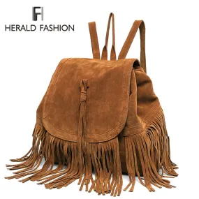 Casual Women Backpack Mini Tassels Rucksack Fashion Solid Women Shoulder Bag Satchel Faux Suede Leather Mochilas School Bag