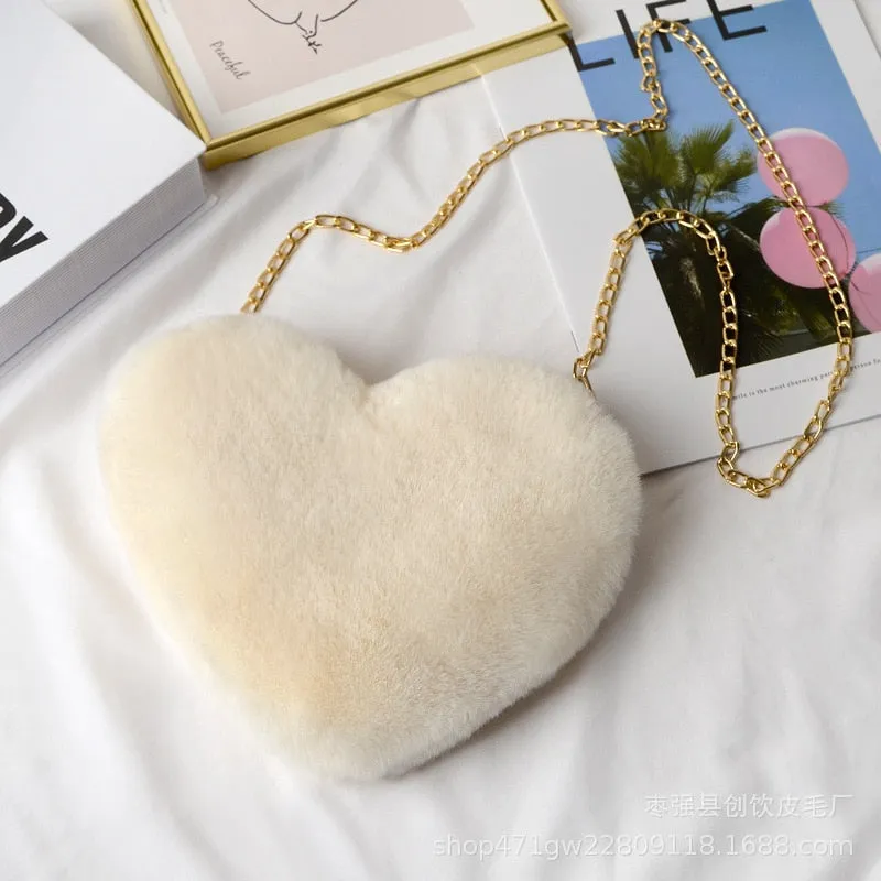 Cellphone Purse Plush Heart Shaped Crossbody Bag with Chain Cute Fluffy Shoulder Bag for Women