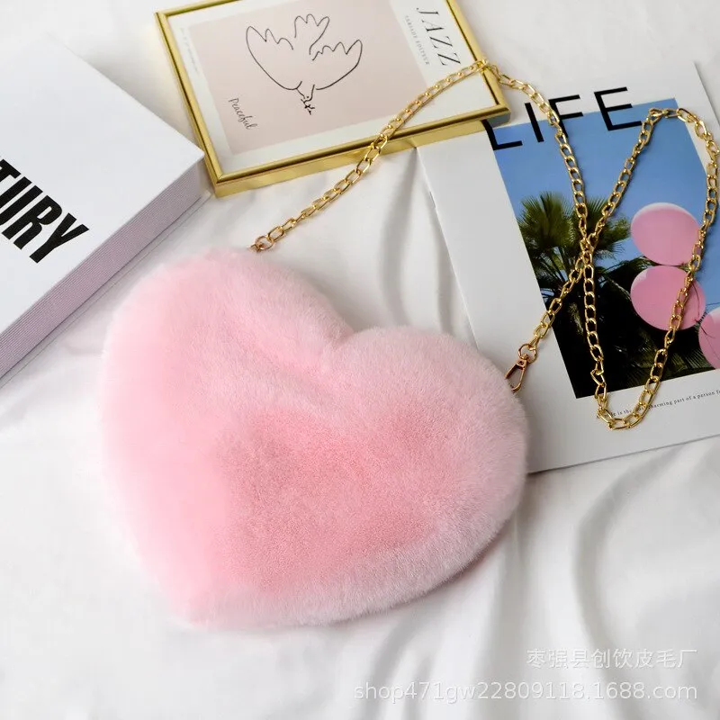 Cellphone Purse Plush Heart Shaped Crossbody Bag with Chain Cute Fluffy Shoulder Bag for Women