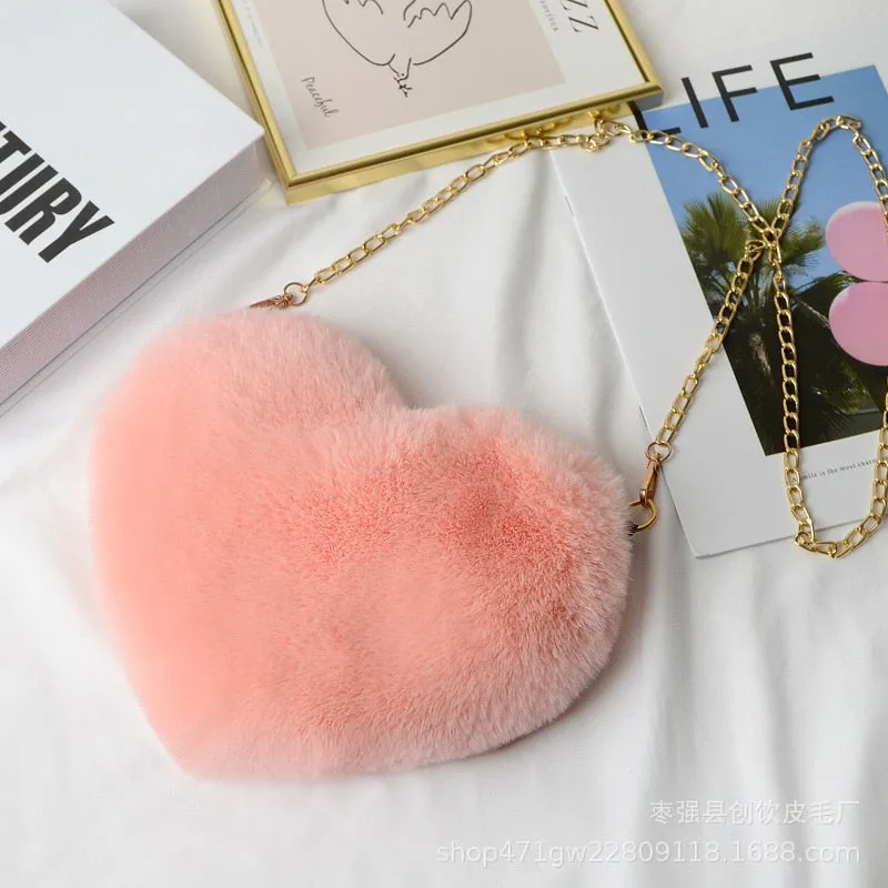 Cellphone Purse Plush Heart Shaped Crossbody Bag with Chain Cute Fluffy Shoulder Bag for Women