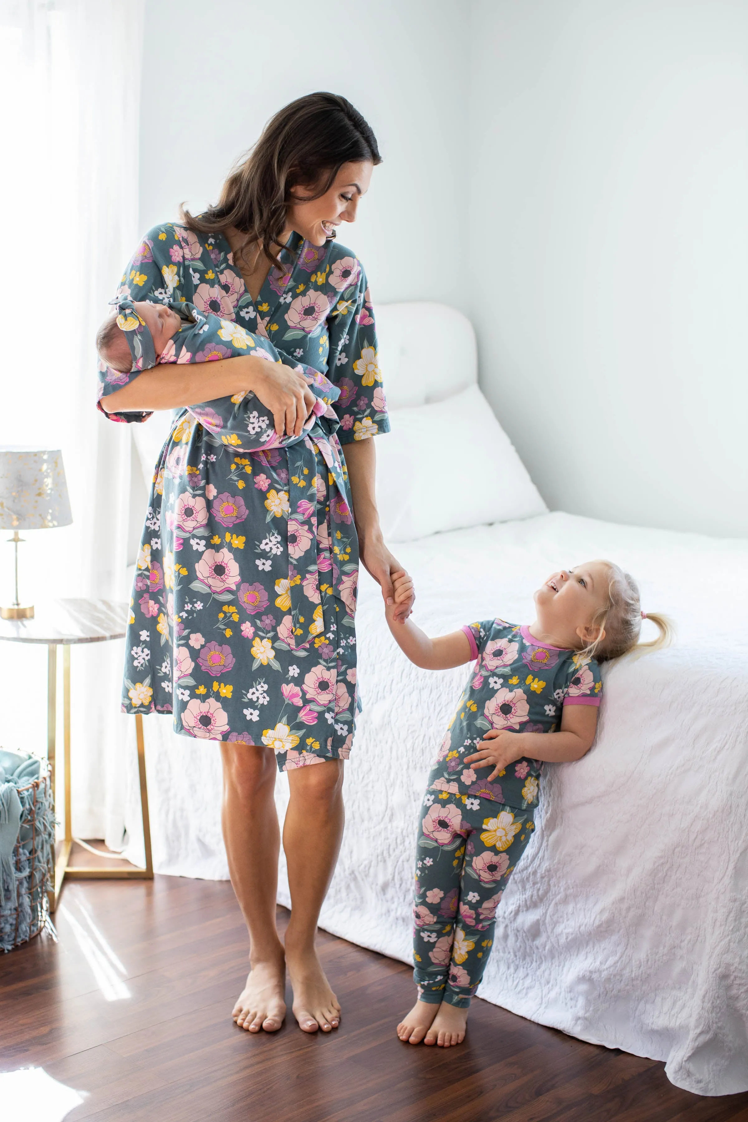 Charlotte Mommy Robe & Daughter PJ & Newborn Swaddle Blanket Set