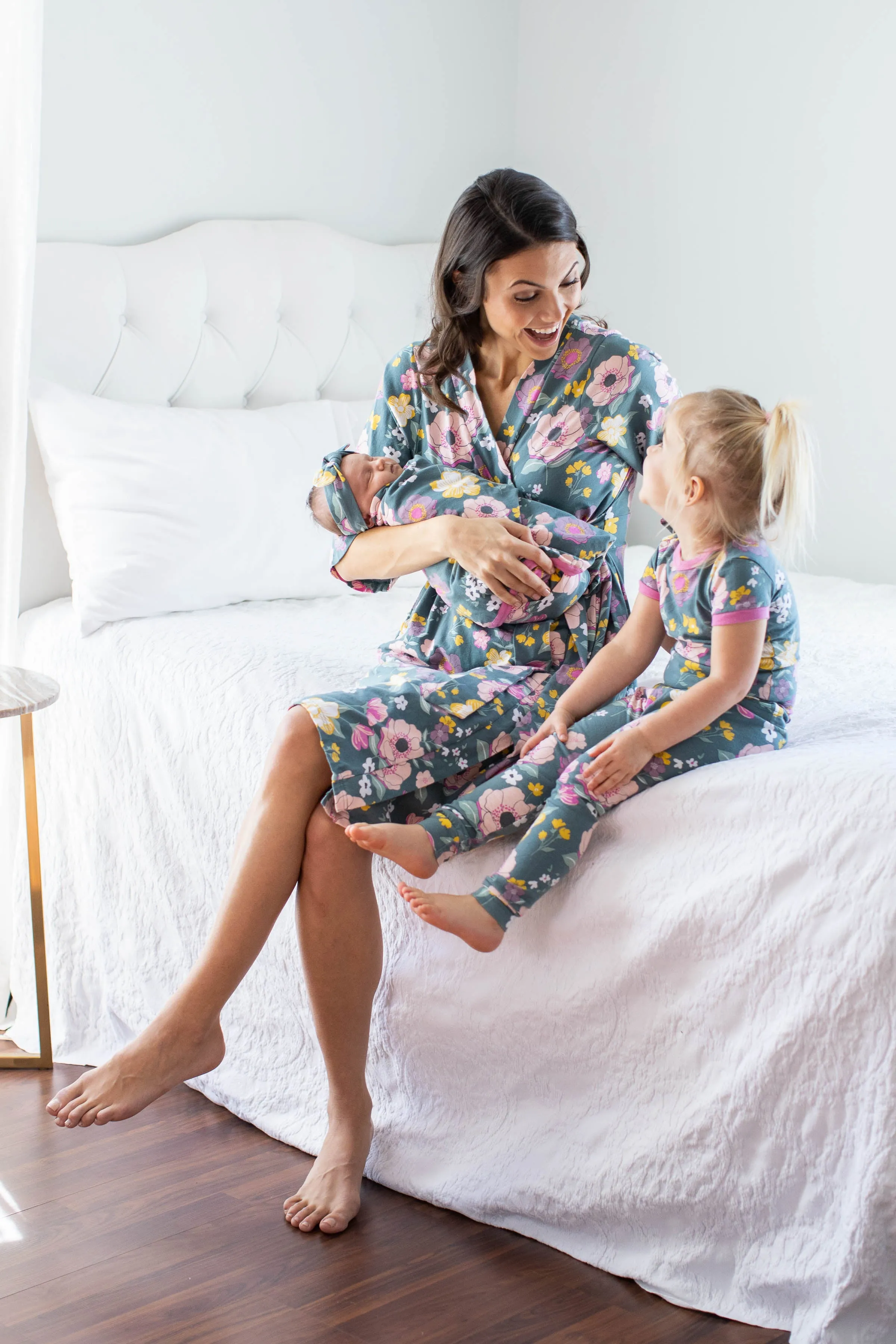 Charlotte Mommy Robe & Daughter PJ & Newborn Swaddle Blanket Set