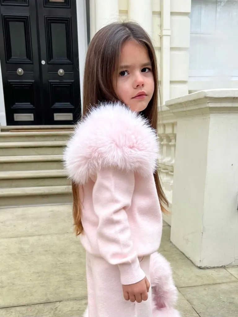 Childrens Baby Pink Premium Faux Fur Roll Neck Wide Leg Tracksuit