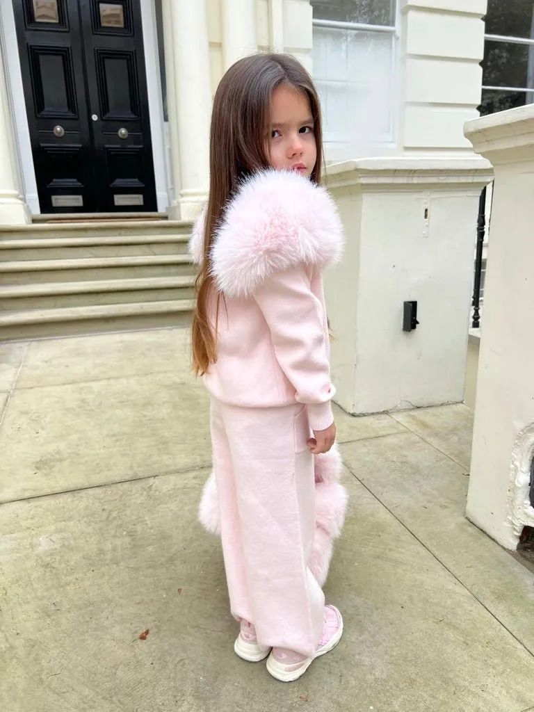 Childrens Baby Pink Premium Faux Fur Roll Neck Wide Leg Tracksuit