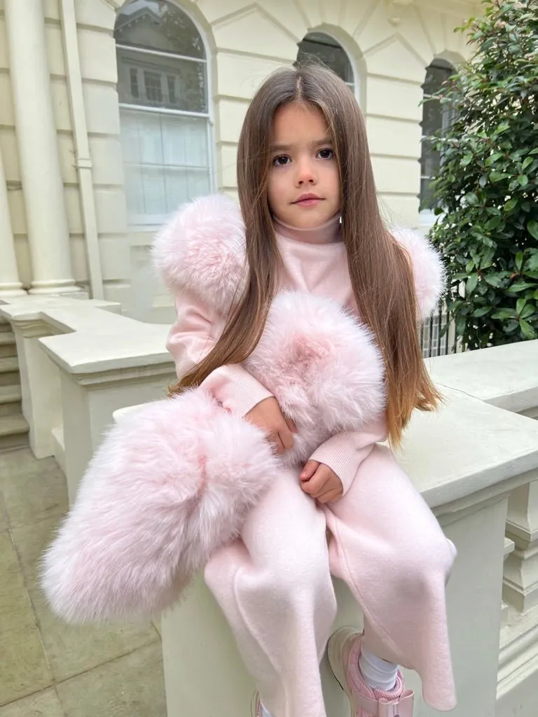 Childrens Baby Pink Premium Faux Fur Roll Neck Wide Leg Tracksuit