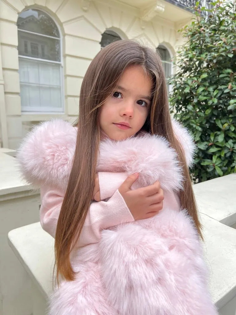 Childrens Baby Pink Premium Faux Fur Roll Neck Wide Leg Tracksuit