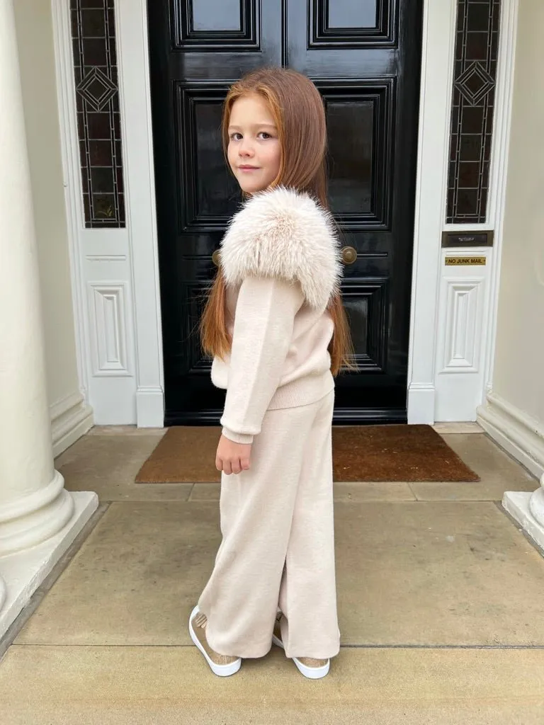 Childrens Light Beige Premium Faux Fur Roll Neck Wide Leg Tracksuit