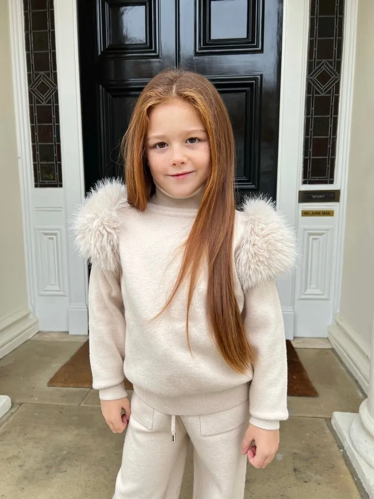 Childrens Light Beige Premium Faux Fur Roll Neck Wide Leg Tracksuit