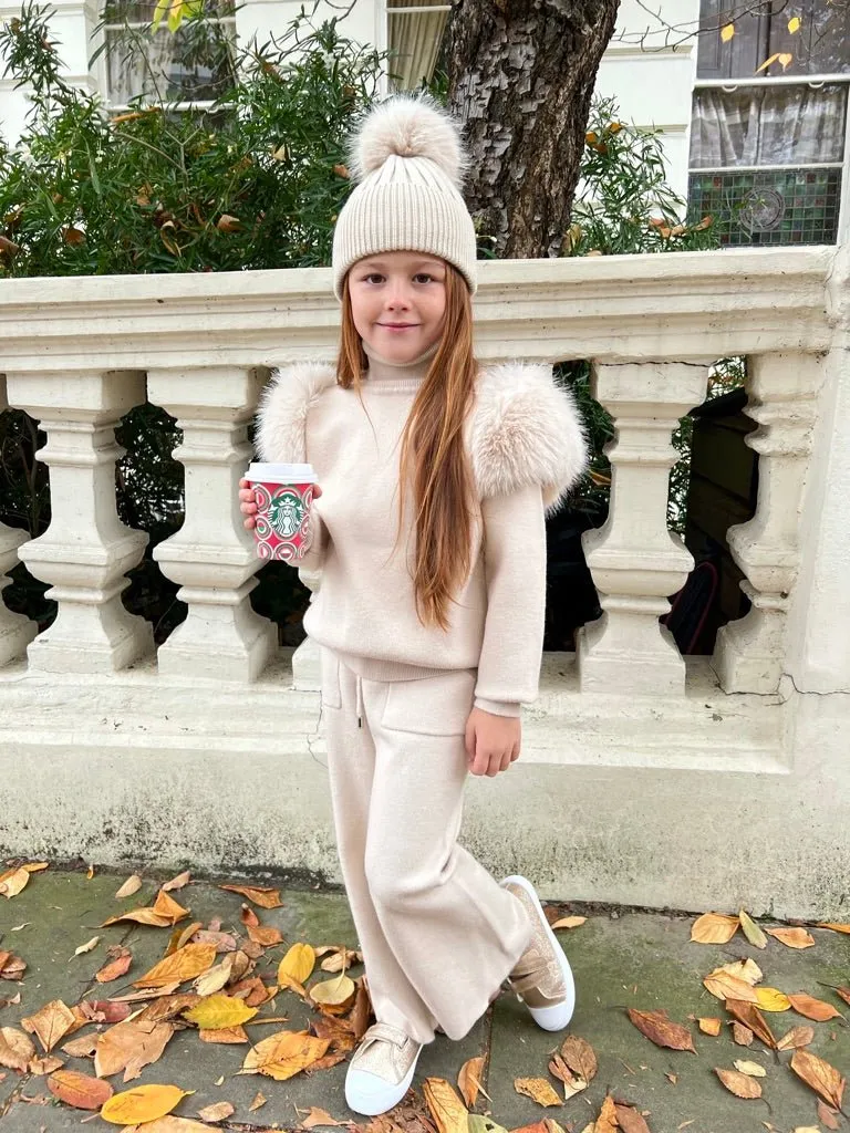 Childrens Light Beige Premium Faux Fur Roll Neck Wide Leg Tracksuit