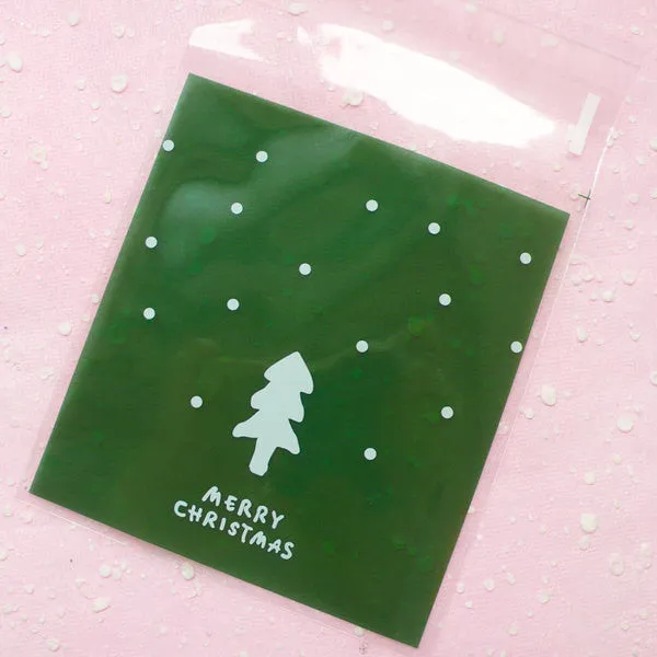 Christmas Tree Gift Bags "Merry Christmas" (20 pcs / Green) Self Adhesive Resealable Plastic Handmade Gift Wrapping Bags (10cm x 11cm) GB023