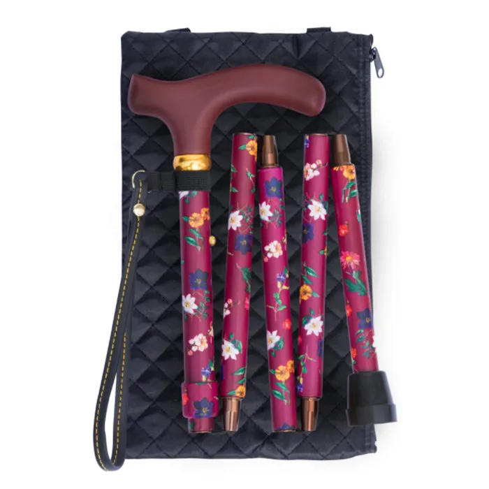 Classic Canes Folding Handbag Cane Claret Floral Wrist Loop Quilted Bag