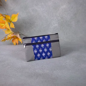 Cotton Multizip Purse Grey with Blue Small Prints