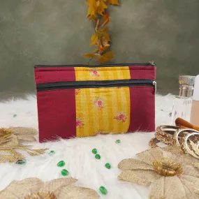 Cotton Multizip Purse Maroon With Yellow and Golden Flower Design.