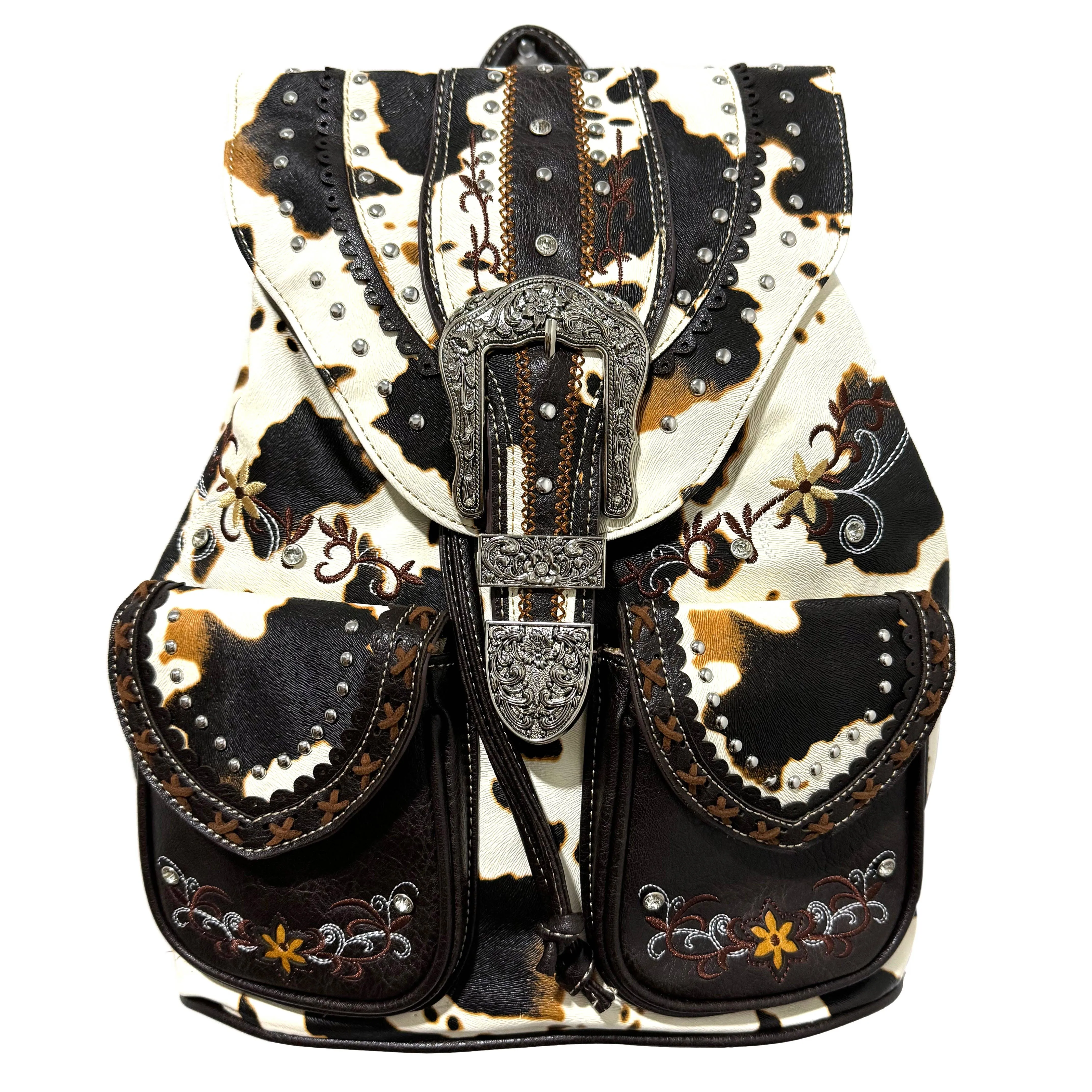 Cow Print Western Leather Buckle Backpack