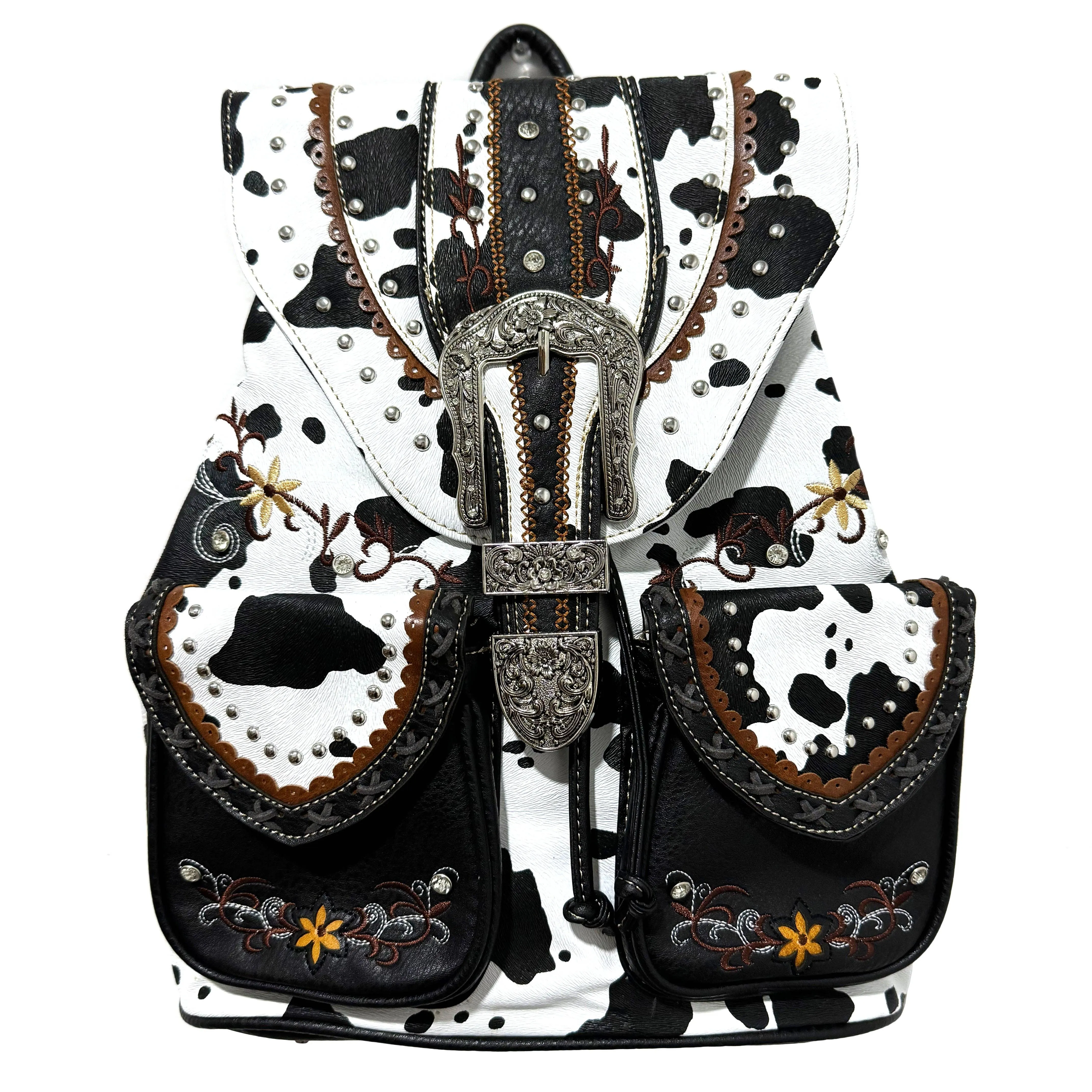 Cow Print Western Leather Buckle Backpack