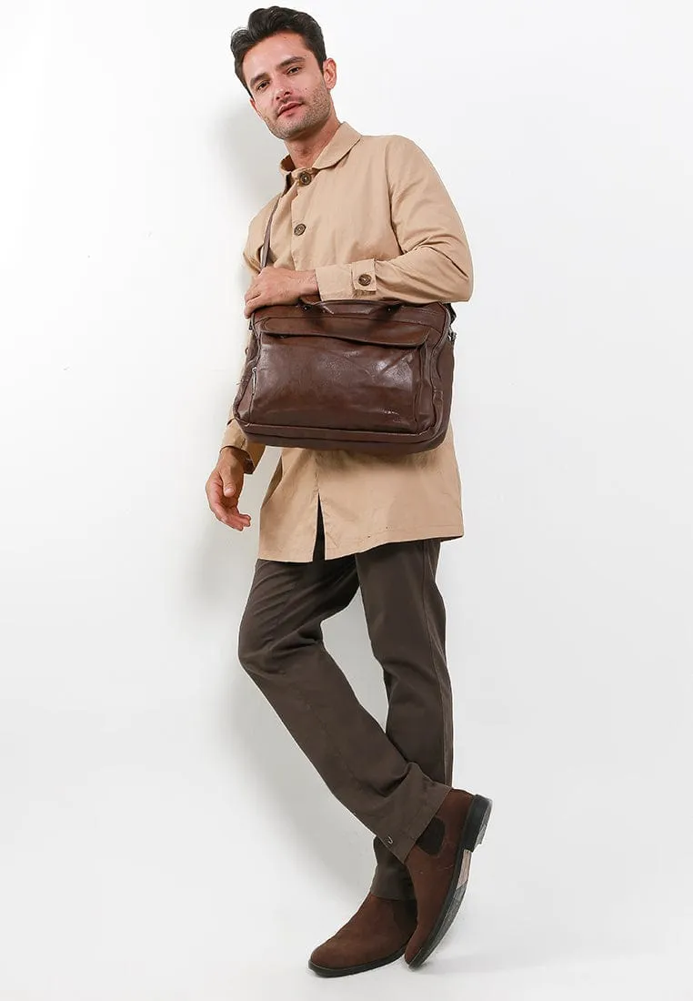 Distressed Leather Laptop Tote Bag - Dark Brown