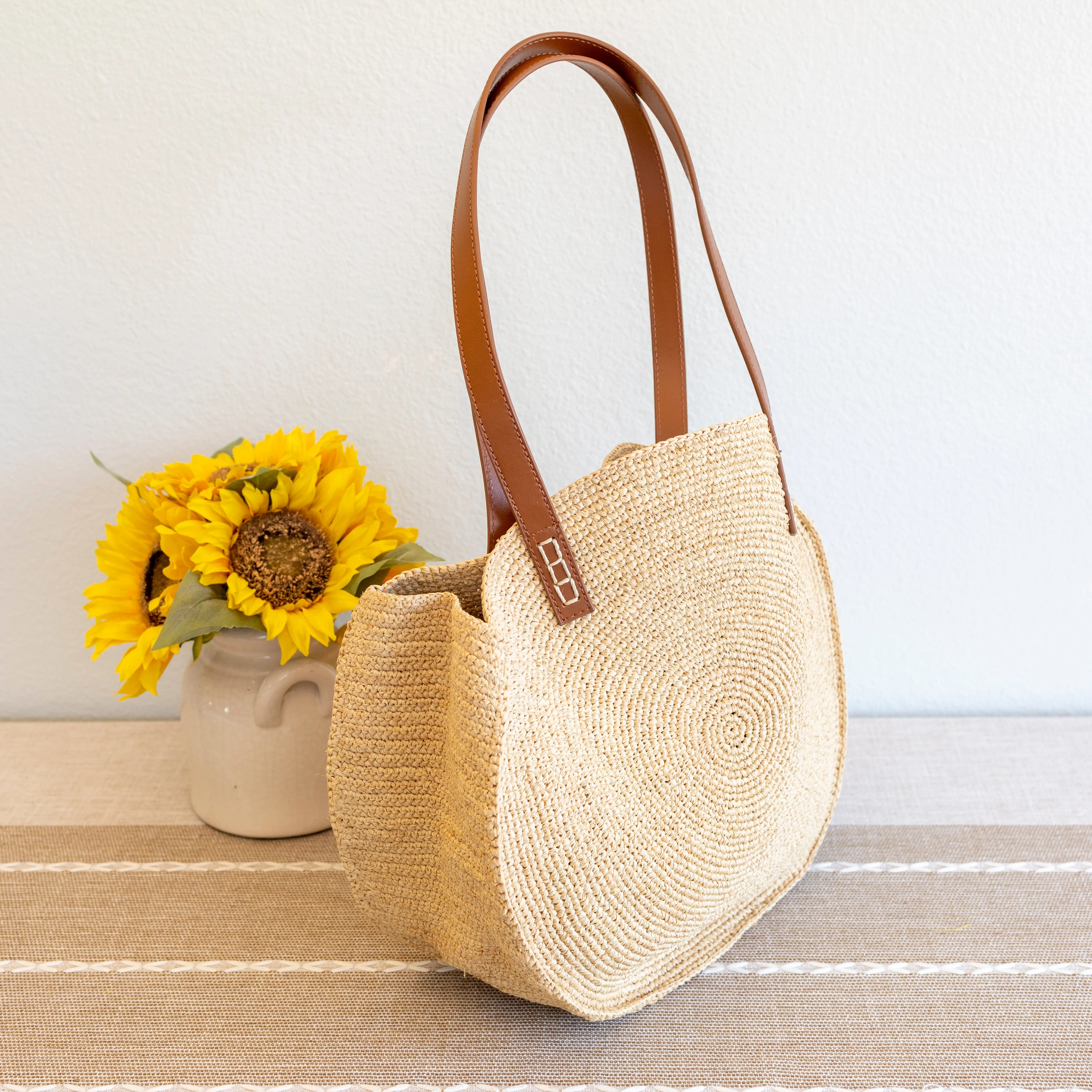 Elena Handbags Round Raffia Woven Shoulder Bag with Genuine Leather Straps