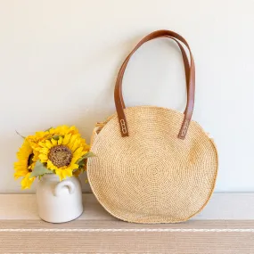 Elena Handbags Round Raffia Woven Shoulder Bag with Genuine Leather Straps