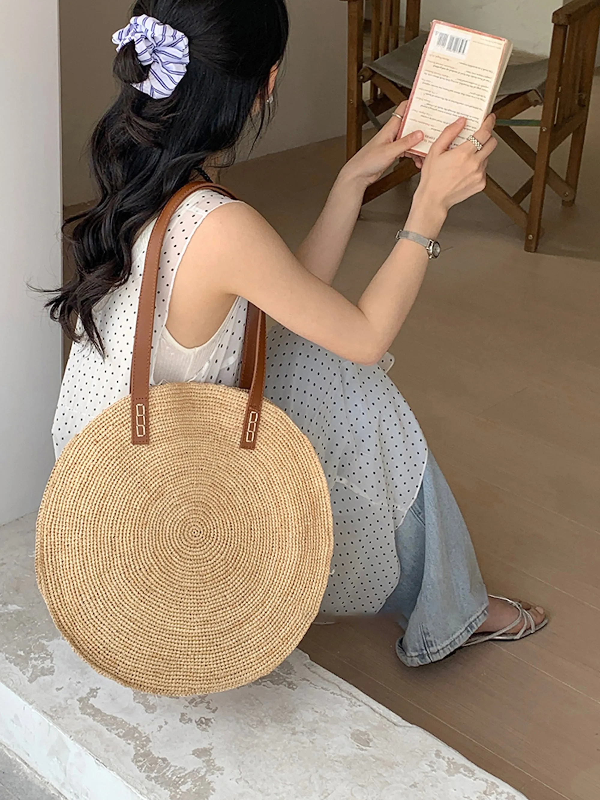 Elena Handbags Round Raffia Woven Shoulder Bag with Genuine Leather Straps