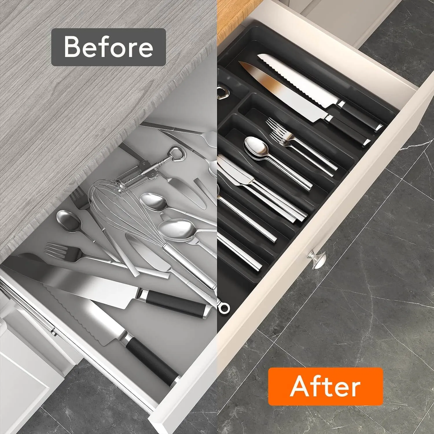 EZYHOME Drawer Organizer, Expandable Utensil Tray for Kitchen, BPA Free Flatware and Cutlery Holder, Adjustable Plastic Storage for Spoons Forks Knives.